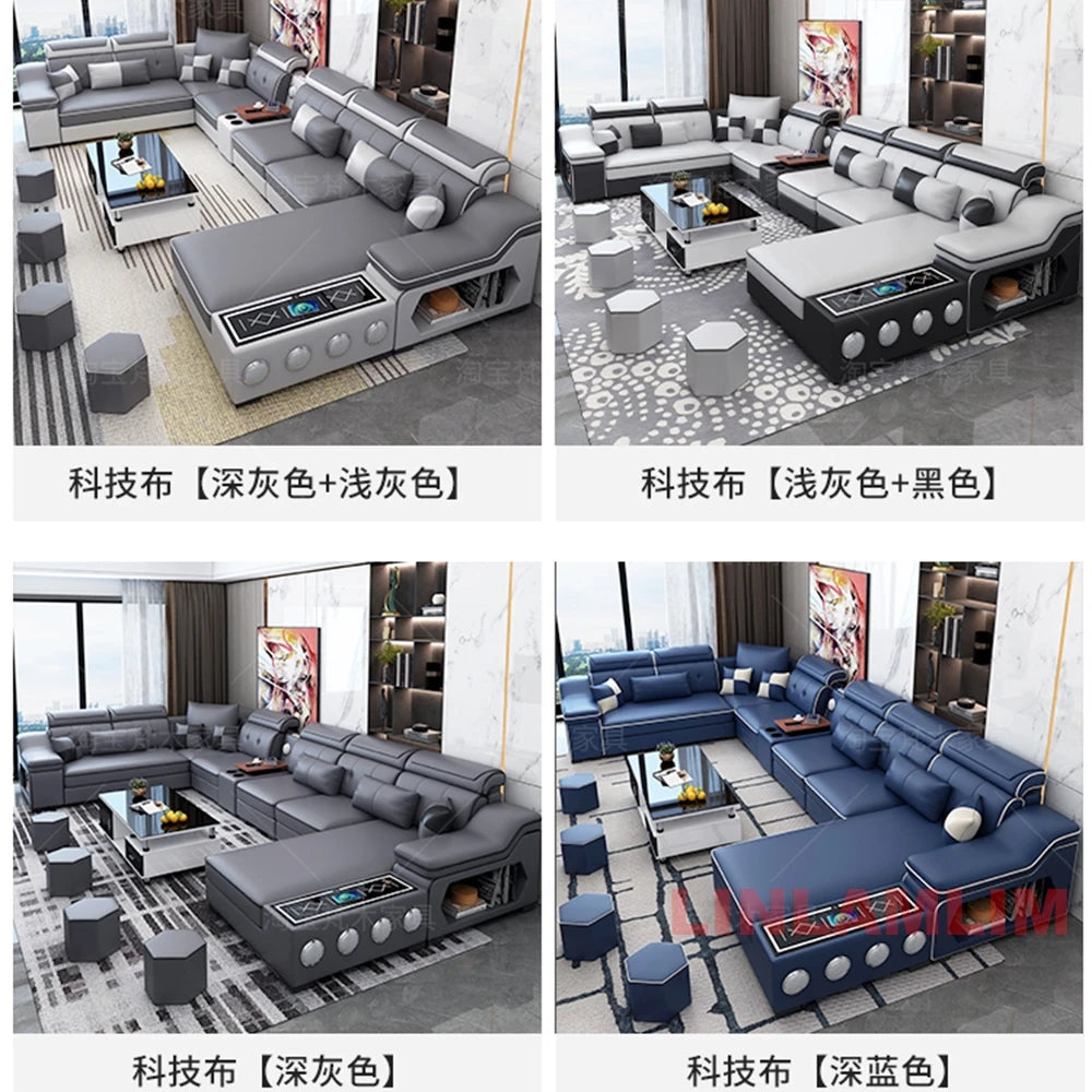 Modern Scientific Cloth Sectional Sofa Set with Chaise Lounge, Bluetooth Speakers, and USB Charging Ports for Living Room