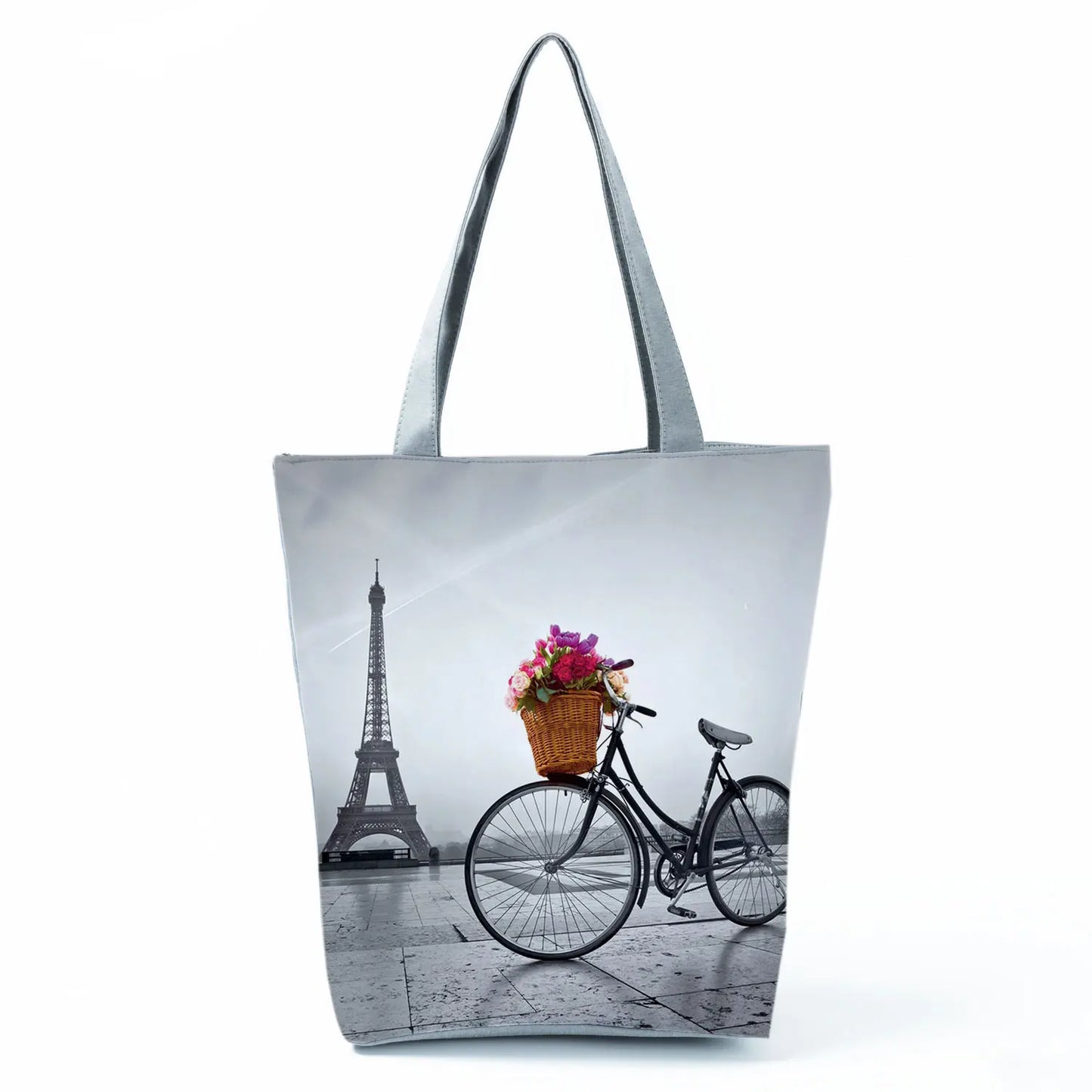Floral Eiffel Tower Print Tote Bag Paris Landscape Shoulder Bag Fashion Pretty Handbags High Capacity Shopping Bag Eco Beach Bag