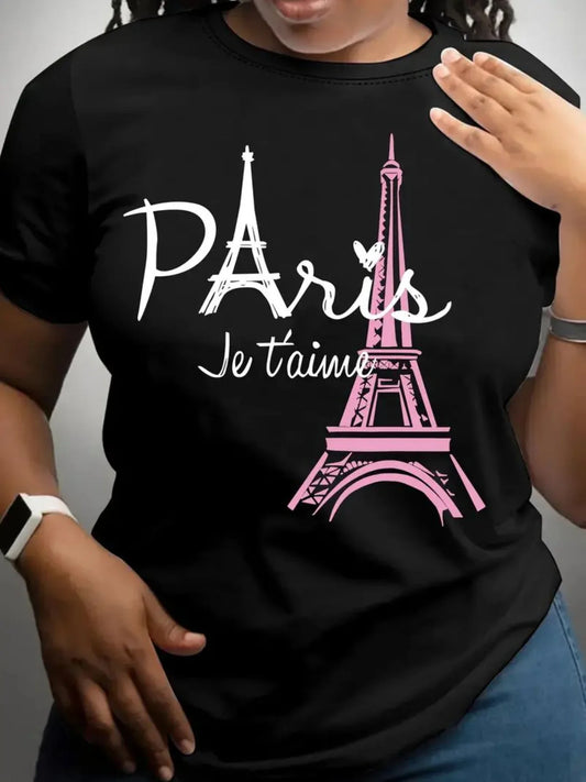 Paris Tower T-shirt Short Sleeved Round Neck Casual Top Summer Fashionable New Women's Casual T-shirt Short Sleeved Top