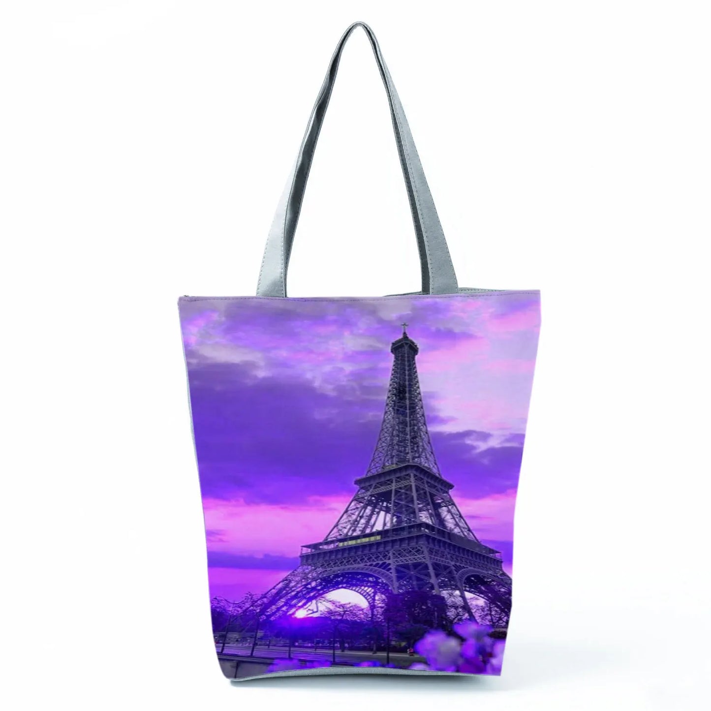 Floral Eiffel Tower Print Tote Bag Paris Landscape Shoulder Bag Fashion Pretty Handbags High Capacity Shopping Bag Eco Beach Bag