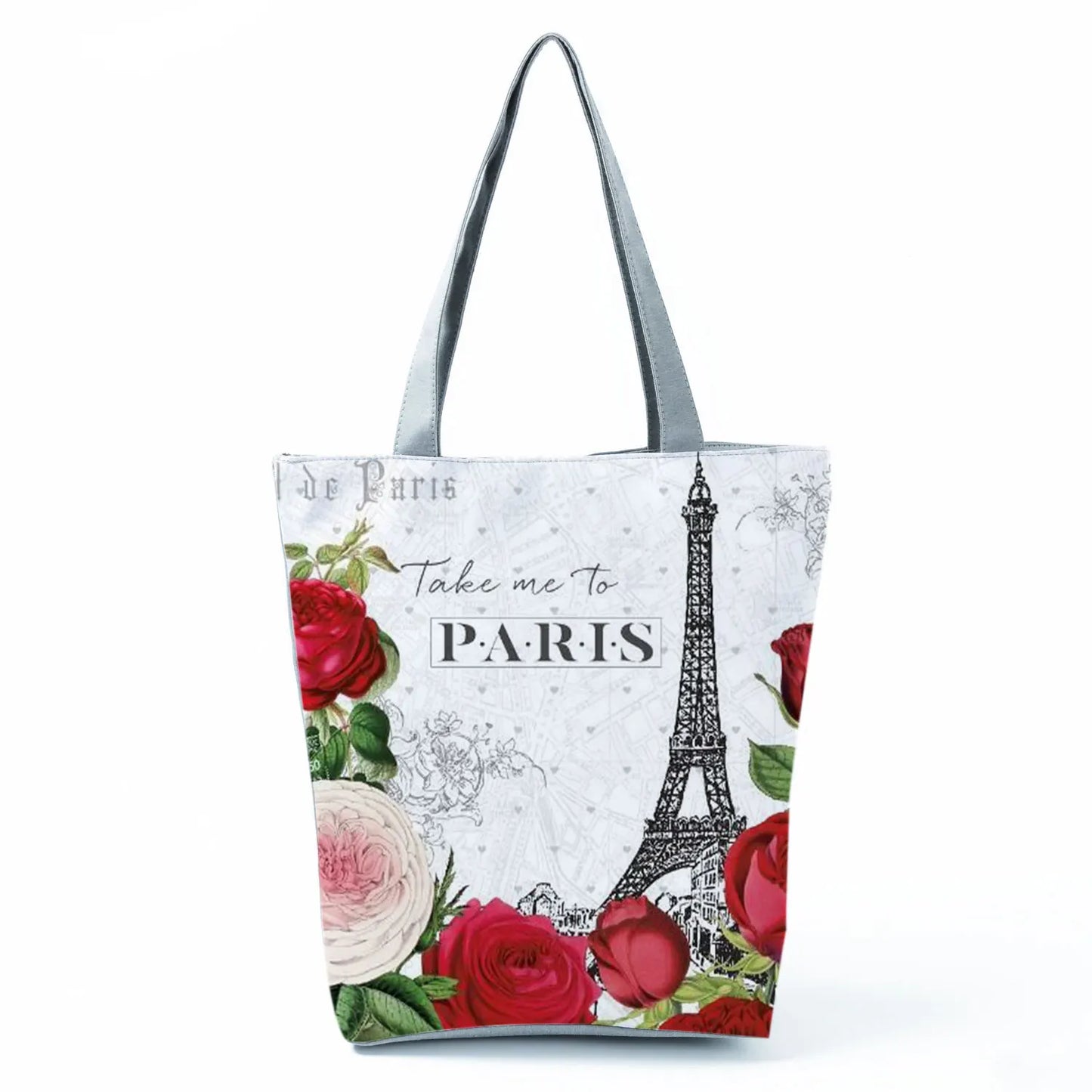 Floral Eiffel Tower Print Tote Bag Paris Landscape Shoulder Bag Fashion Pretty Handbags High Capacity Shopping Bag Eco Beach Bag