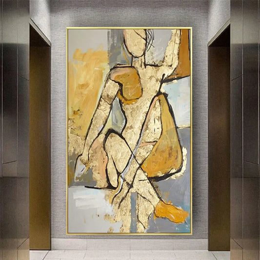 Golden Figure Outline 100% Hand Painted With Oil Large Modern Abstract Figures Wall Art