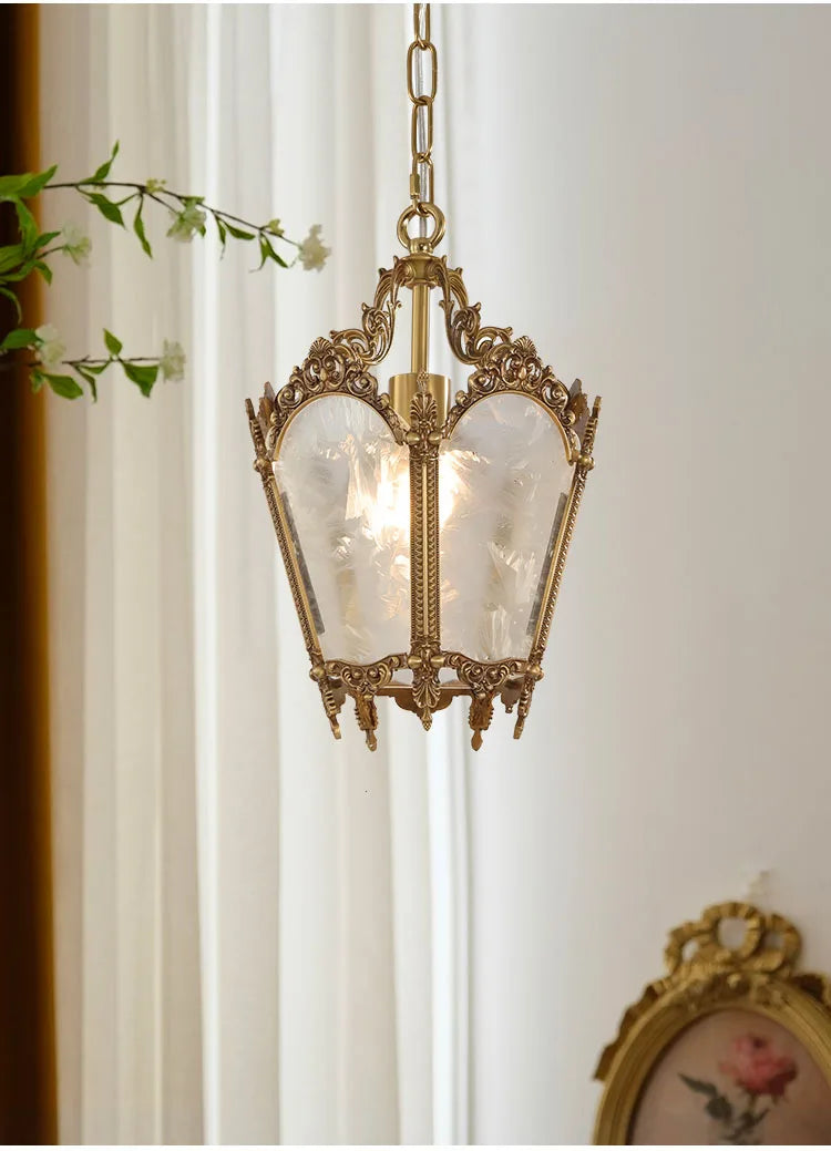 French-Style Retro Copper Ice Flower Glass Small Chandelier Bedside Balcony Porch Pendant Lighting Cloakroom Hanging Lamp
