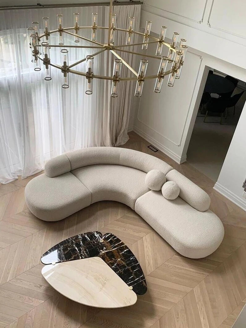 Modern Furniture Curved Sofa Set. Round White Living Room Apartment Boucle Semi-Circular Sofa Italian Minimalist Sofa
