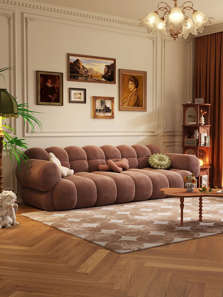 French retro green sofa, cotton candy, straight row cream style, small living room, piano keys, lamb plush sofa