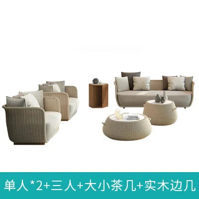 Outdoor Sofa Courtyard Villa Living Room. Waterproof Rope Design. Rattan Combination Furniture. Solid Wood Coffee Table.