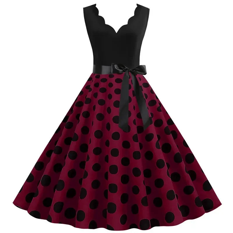 2025 New Vintage Polka Dot Print Women Summer Dress 50s Retro Patchwork Sleeveless V Neck Elegant Party Casual Robe Midi Dresses