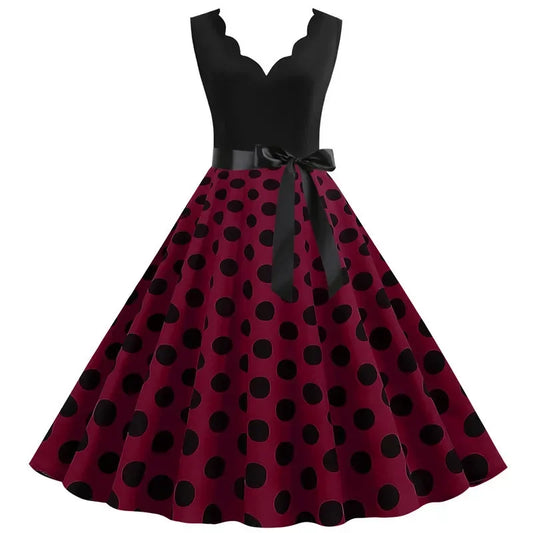 2025 New Vintage Polka Dot Print Women Summer Dress 50s Retro Patchwork Sleeveless V Neck Elegant Party Casual Robe Midi Dresses