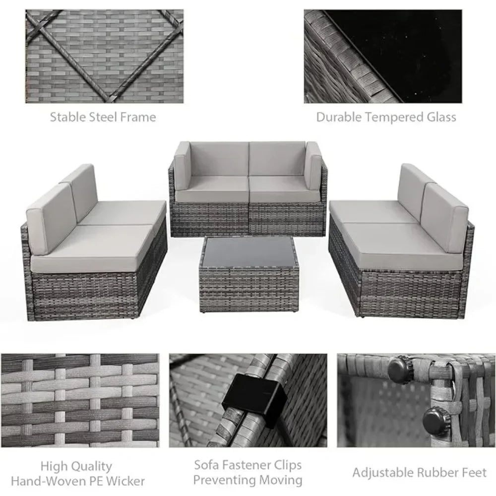 7-Piece Patio Furniture Set-Modular Wicker Outdoor Sectional Sofa Rattan With Pillow-top Cushions and Coffee Table