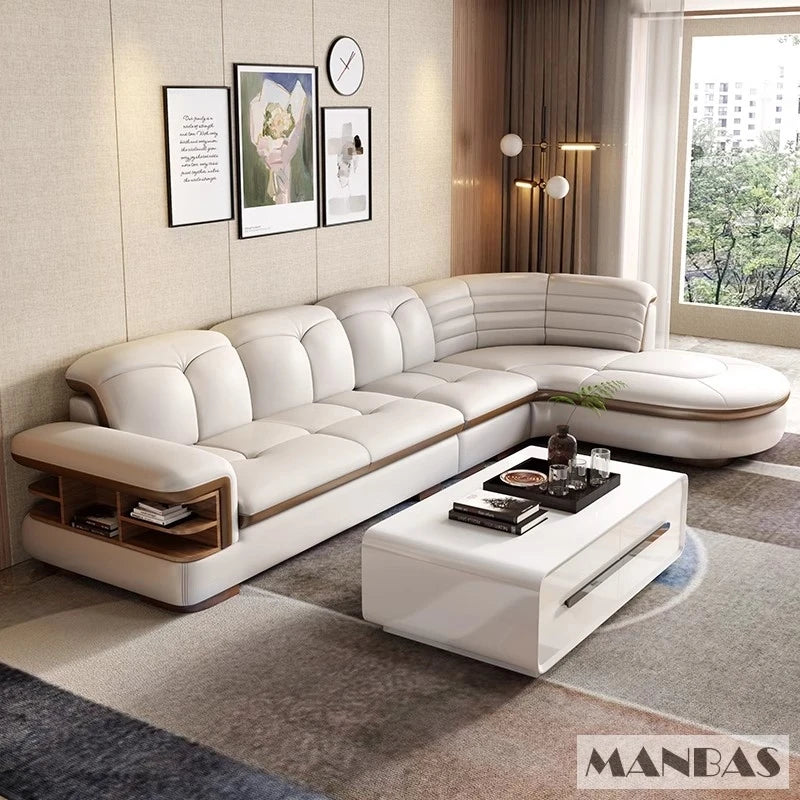 Luxury L-Shaped Genuine Leather Sectional Sofa Sets with USB, Bluetooth Speaker - MINGDIBAO Living Room Italian Leather Couches