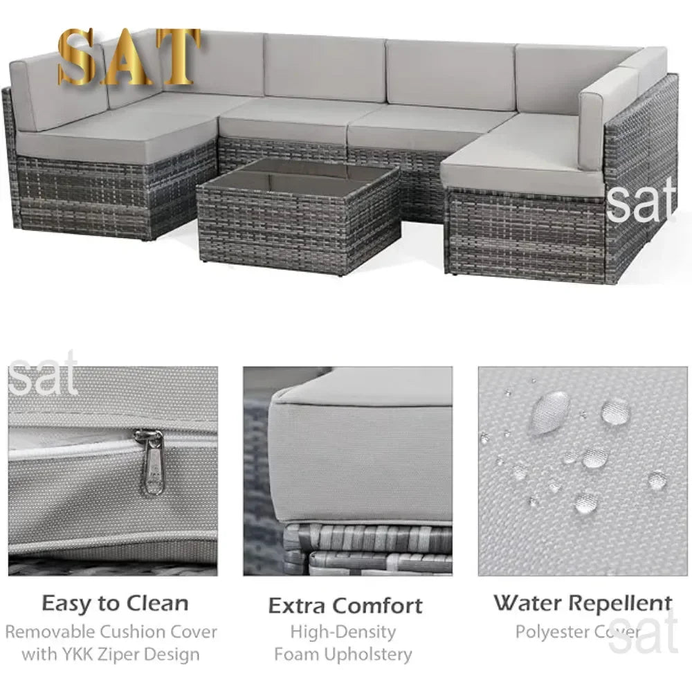 7-Piece Patio Furniture Set-Modular Wicker Outdoor Sectional Sofa Rattan With Pillow-top Cushions and Coffee Table