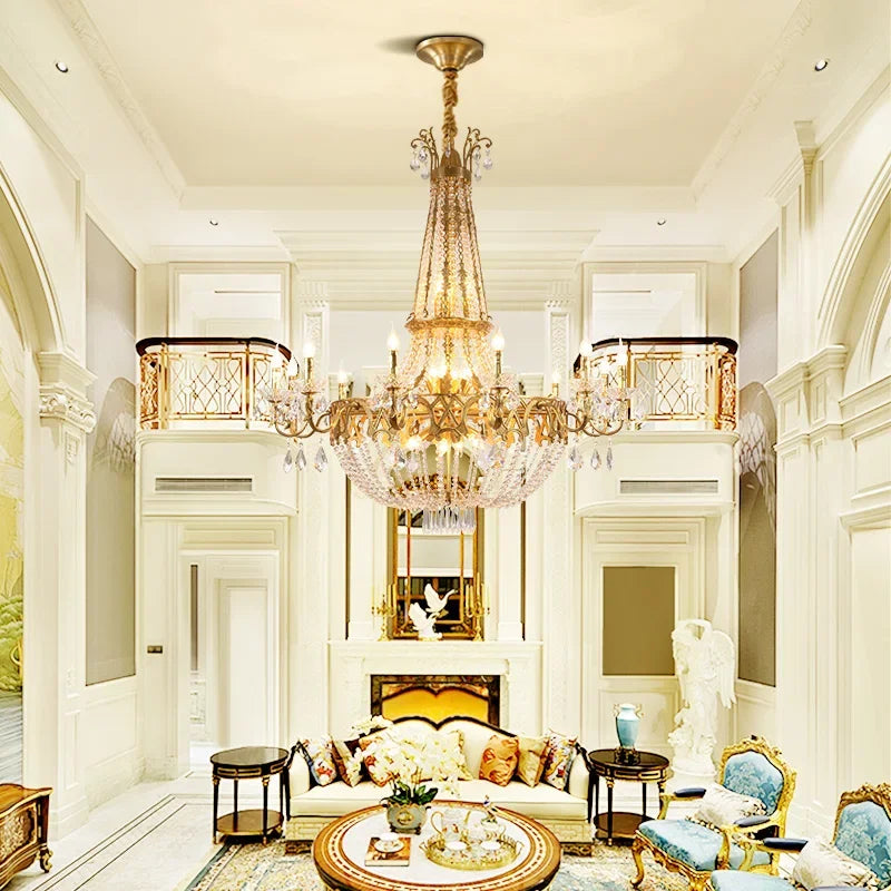 French Classical Brass Crystal Large Chandelier-Loft-Villa-Hall-Hotel Lobby Lamp