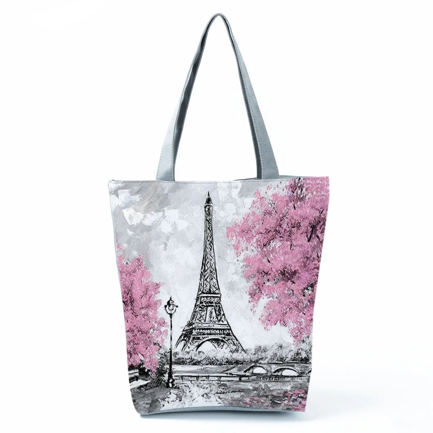 Floral Eiffel Tower Print Tote Bag Paris Landscape Shoulder Bag Fashion Pretty Handbags High Capacity Shopping Bag Eco Beach Bag