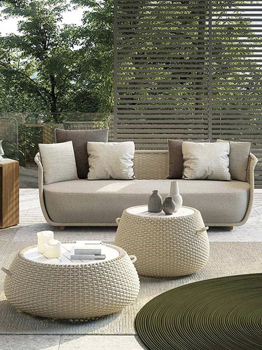 Outdoor Sofa Courtyard Villa Living Room. Waterproof Rope Design. Rattan Combination Furniture. Solid Wood Coffee Table.
