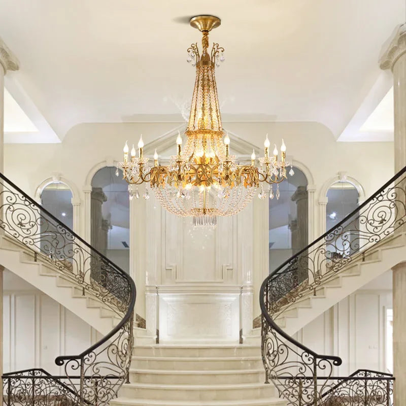 French Classical Brass Crystal Large Chandelier-Loft-Villa-Hall-Hotel Lobby Lamp