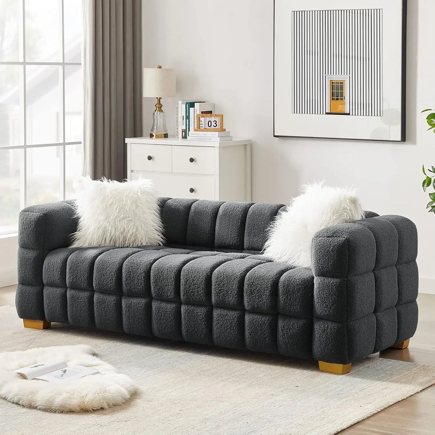 Modern and Comfortable Bouclé Fabric, Soft Cushion 3-seater Cloud Sofa