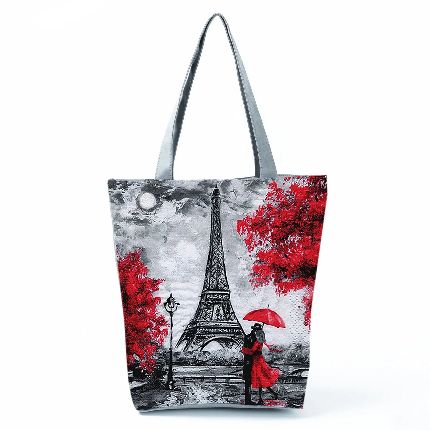 Floral Eiffel Tower Print Tote Bag Paris Landscape Shoulder Bag Fashion Pretty Handbags High Capacity Shopping Bag Eco Beach Bag