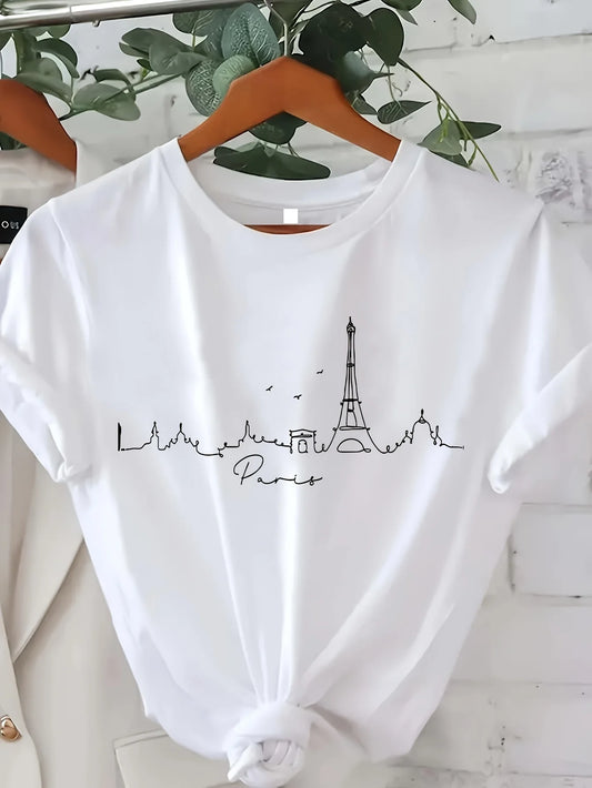Paris Print T-Shirt Short Sleeve Crew Neck Casual Top for Summer & Spring Women's Clothing