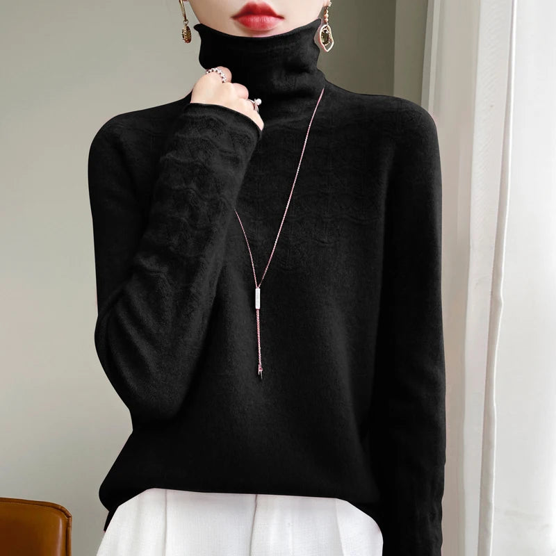 Fashion Cashmere Jumper 100% Merino Wool Pullover Winter High Neck Solid Long Sleeve Women's Seamless Hollow out Knitted Sweater