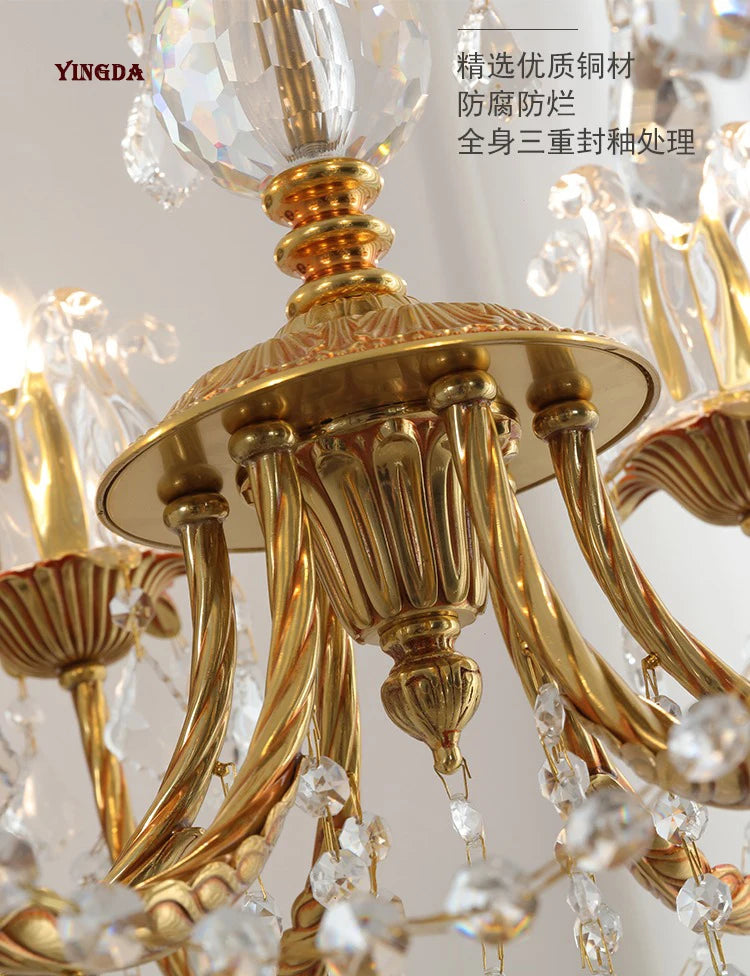 All Copper European Crystal Lamp, American Medieval Chandelier, French Living Room Lamp, Villa Classical Restaurant Lamp