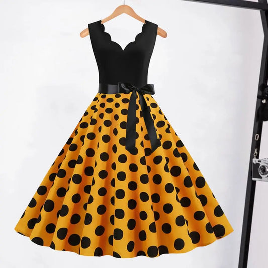 Woman Retro Summer Dresses Audrey Hepburn 50s 60s V-neck Polka Dot Bow Pinup Party :S-3XL