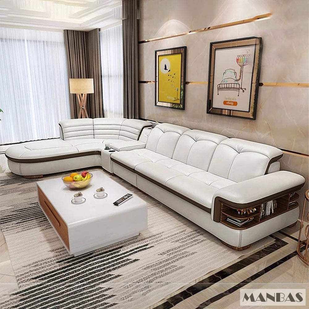 Luxury L-Shaped Genuine Leather Sectional Sofa Sets with USB, Bluetooth Speaker - MINGDIBAO Living Room Italian Leather Couches