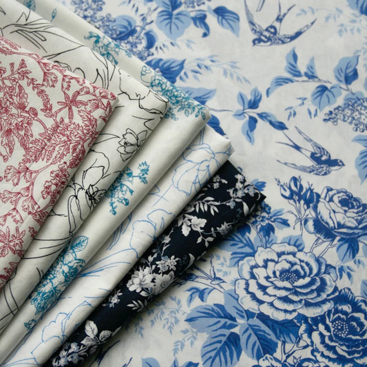 140x50cm Classic Blue and White Porcelain Rose Poplin Cotton Cloth Shirt Dress Summer Clothing DIY Fabric