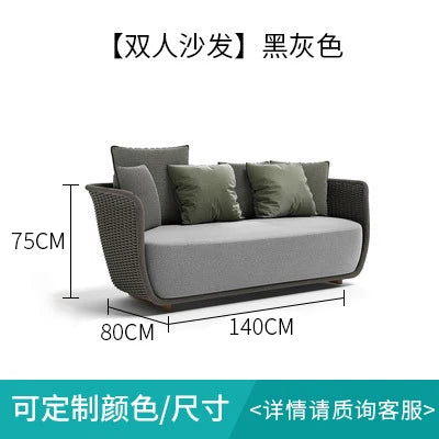 Outdoor Sofa Courtyard Villa Living Room. Waterproof Rope Design. Rattan Combination Furniture. Solid Wood Coffee Table.
