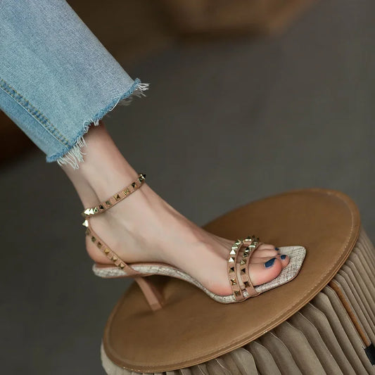 French Vintage Rivet Sandals for Women. 2025 New Summer Belt Buckle High Heel Roman Sandals Sexy Square Toe