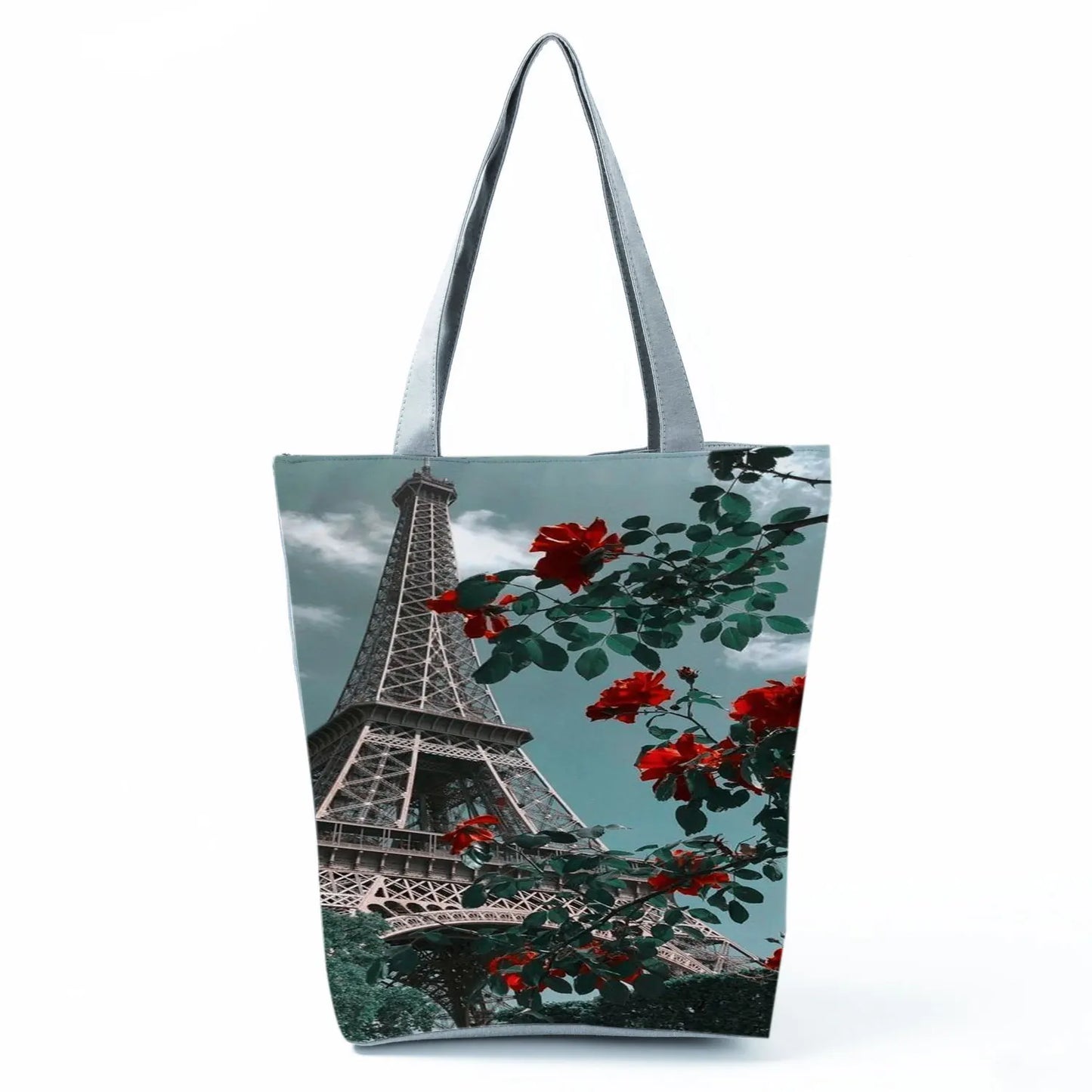 Floral Eiffel Tower Print Tote Bag Paris Landscape Shoulder Bag Fashion Pretty Handbags High Capacity Shopping Bag Eco Beach Bag