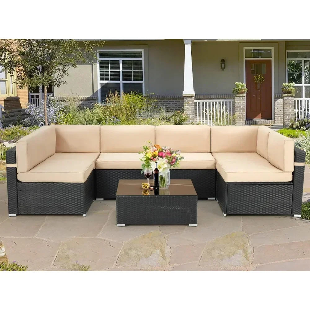7-Piece Patio Furniture Set-Modular Wicker Outdoor Sectional Sofa Rattan With Pillow-top Cushions and Coffee Table