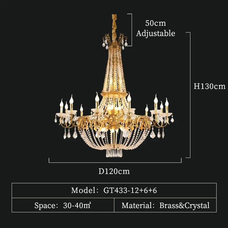 French Classical Brass Crystal Large Chandelier-Loft-Villa-Hall-Hotel Lobby Lamp