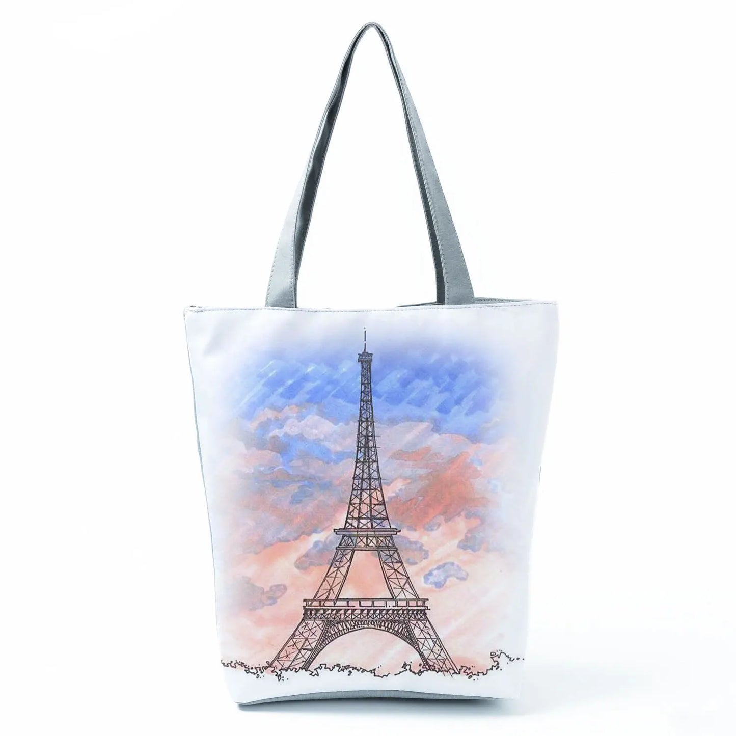 Floral Eiffel Tower Print Tote Bag Paris Landscape Shoulder Bag Fashion Pretty Handbags High Capacity Shopping Bag Eco Beach Bag