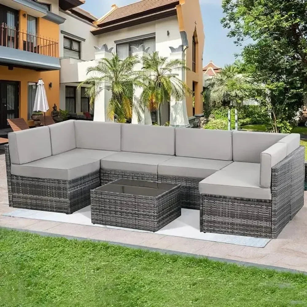 7-Piece Patio Furniture Set-Modular Wicker Outdoor Sectional Sofa Rattan With Pillow-top Cushions and Coffee Table