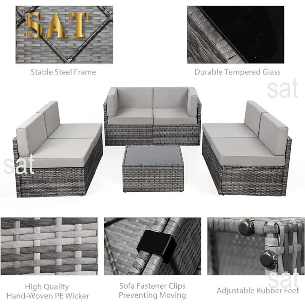7-Piece Patio Furniture Set-Modular Wicker Outdoor Sectional Sofa Rattan With Pillow-top Cushions and Coffee Table