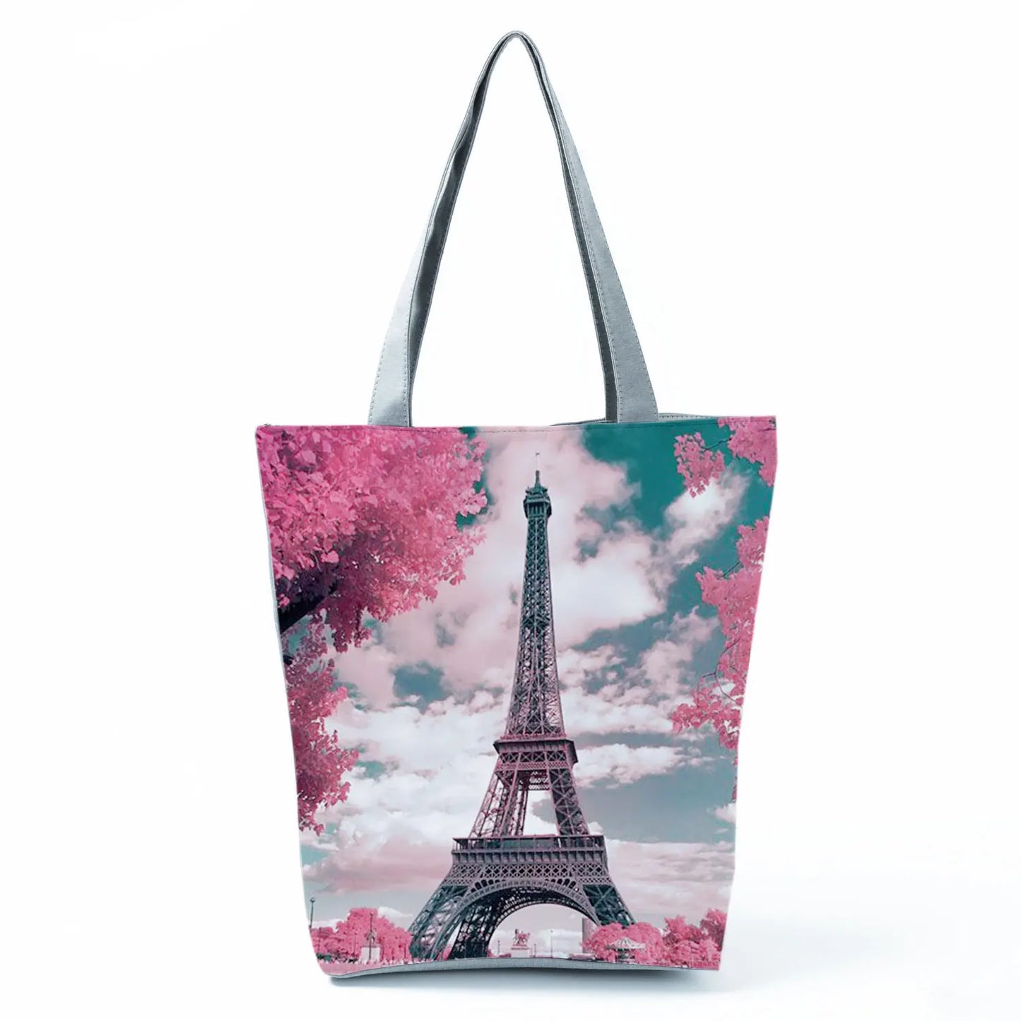 Floral Eiffel Tower Print Tote Bag Paris Landscape Shoulder Bag Fashion Pretty Handbags High Capacity Shopping Bag Eco Beach Bag