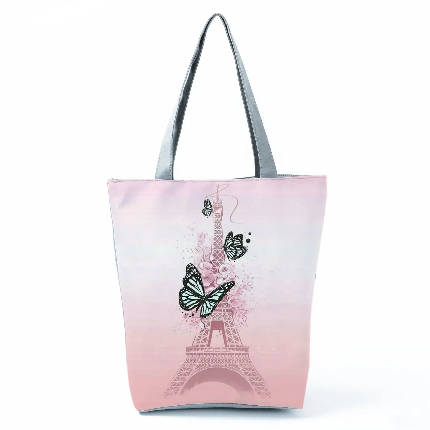 Floral Eiffel Tower Print Tote Bag Paris Landscape Shoulder Bag Fashion Pretty Handbags High Capacity Shopping Bag Eco Beach Bag