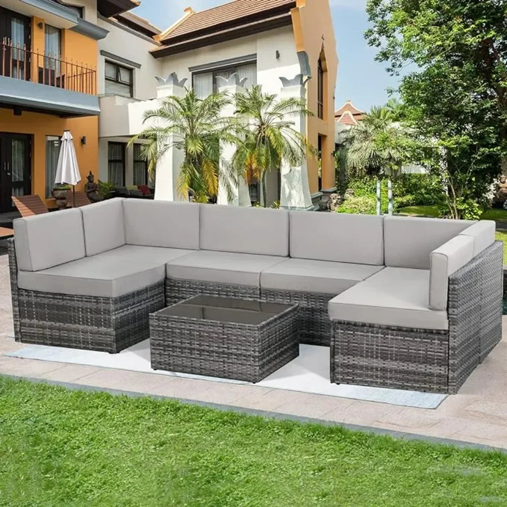7-Piece Patio Furniture Set-Modular Wicker Outdoor Sectional Sofa Rattan With Pillow-top Cushions and Coffee Table