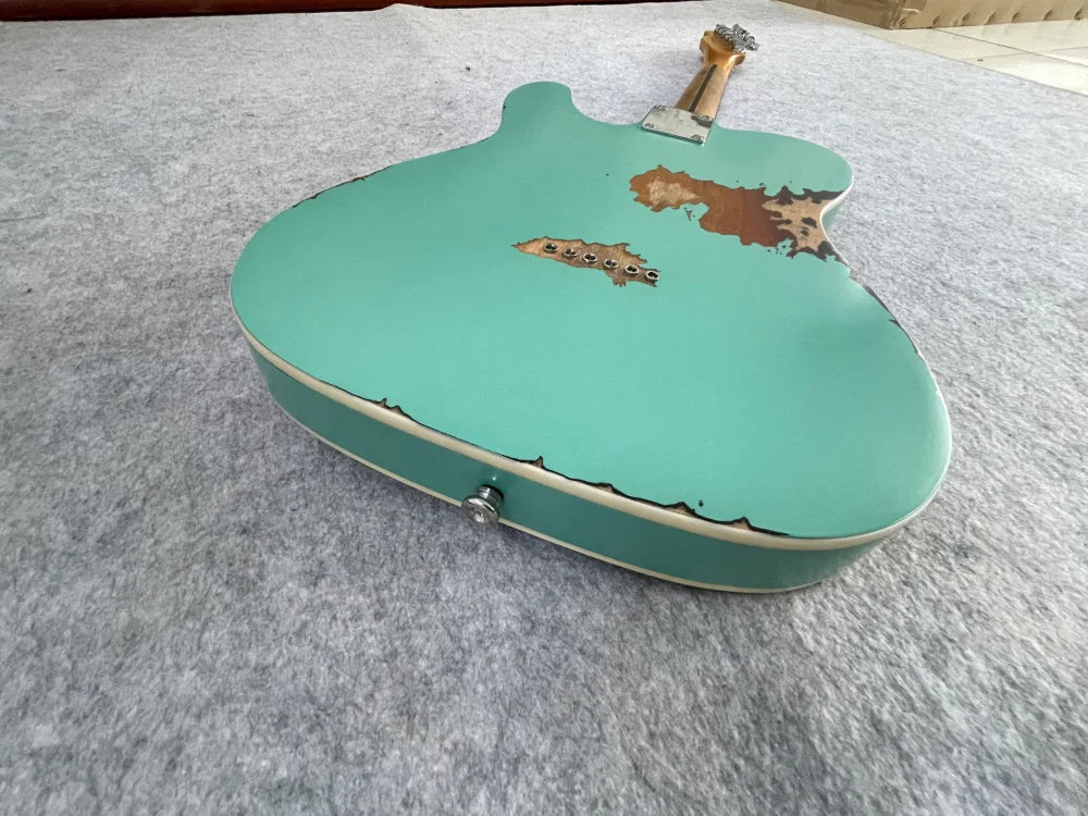 Distressed Handpainted  Electric Guitar，Master built seafoam green On sunburst color, High Quality, can be customized，free shipping