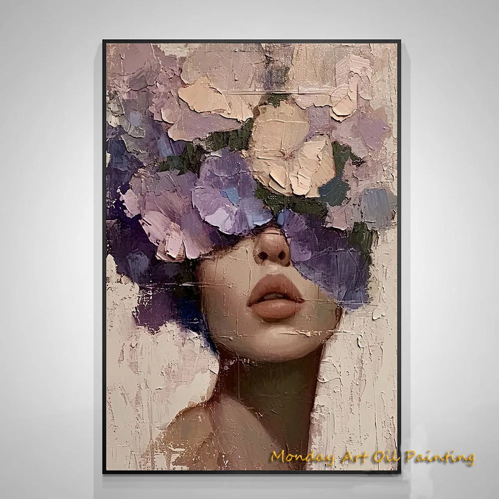 Hand Painted Abstract Woman Faceless Portrait Oil Painting Artwork Original Flower Figurative Art Home Decor