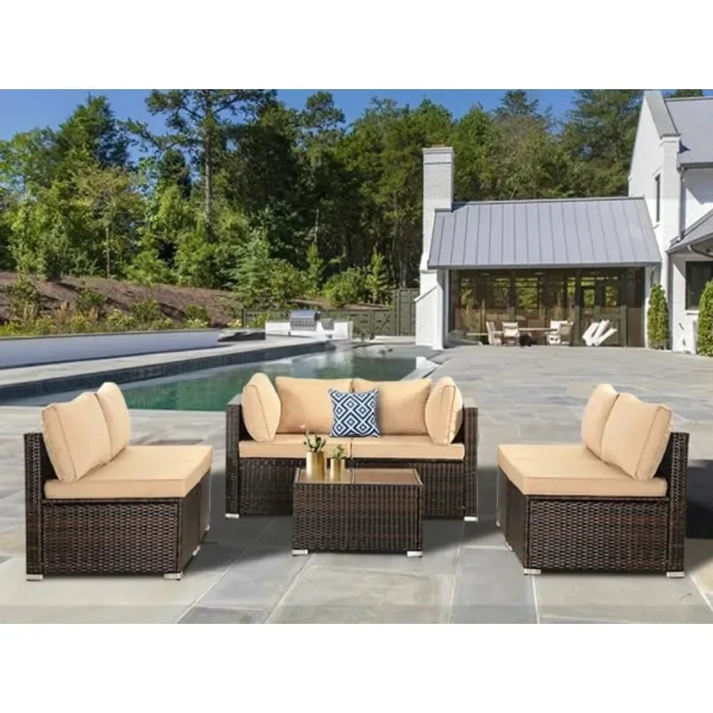 7-Piece Patio Furniture Set-Modular Wicker Outdoor Sectional Sofa Rattan With Pillow-top Cushions and Coffee Table
