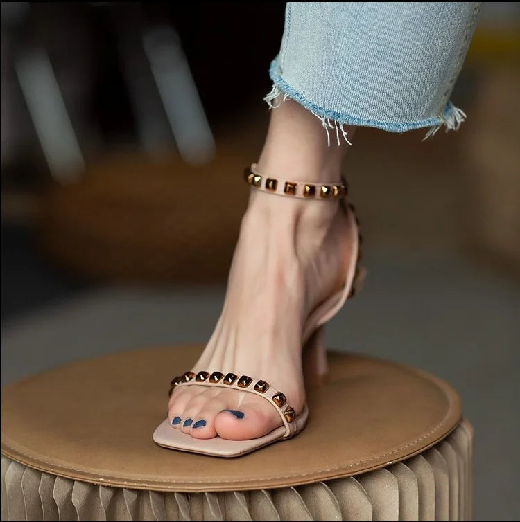 French Vintage Rivet Sandals for Women. 2025 New Summer Belt Buckle High Heel Roman Sandals Sexy Square Toe