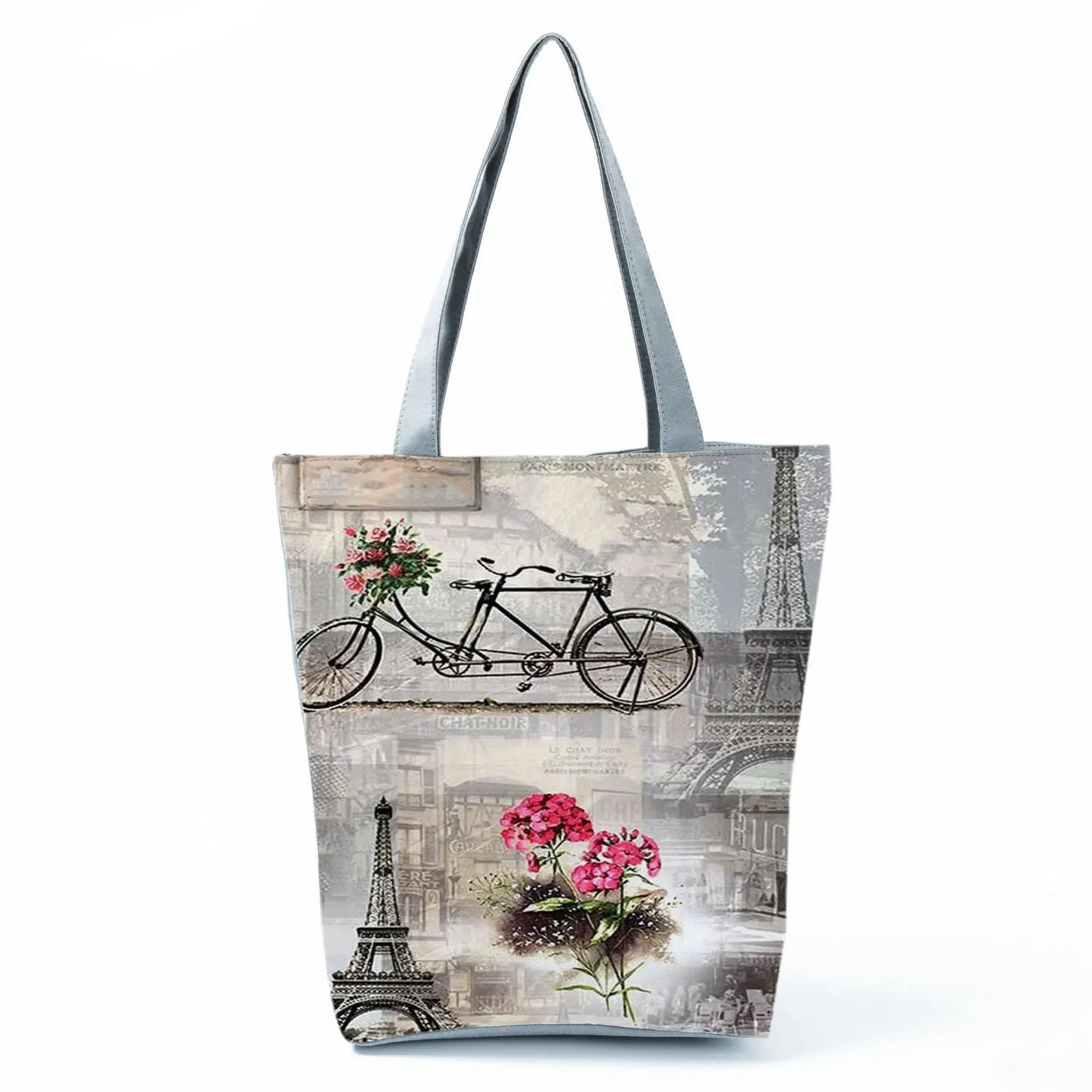 Floral Eiffel Tower Print Tote Bag Paris Landscape Shoulder Bag Fashion Pretty Handbags High Capacity Shopping Bag Eco Beach Bag