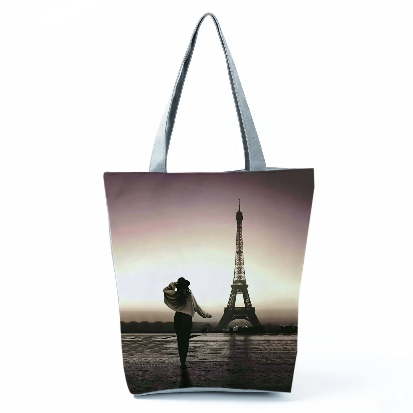 Floral Eiffel Tower Print Tote Bag Paris Landscape Shoulder Bag Fashion Pretty Handbags High Capacity Shopping Bag Eco Beach Bag