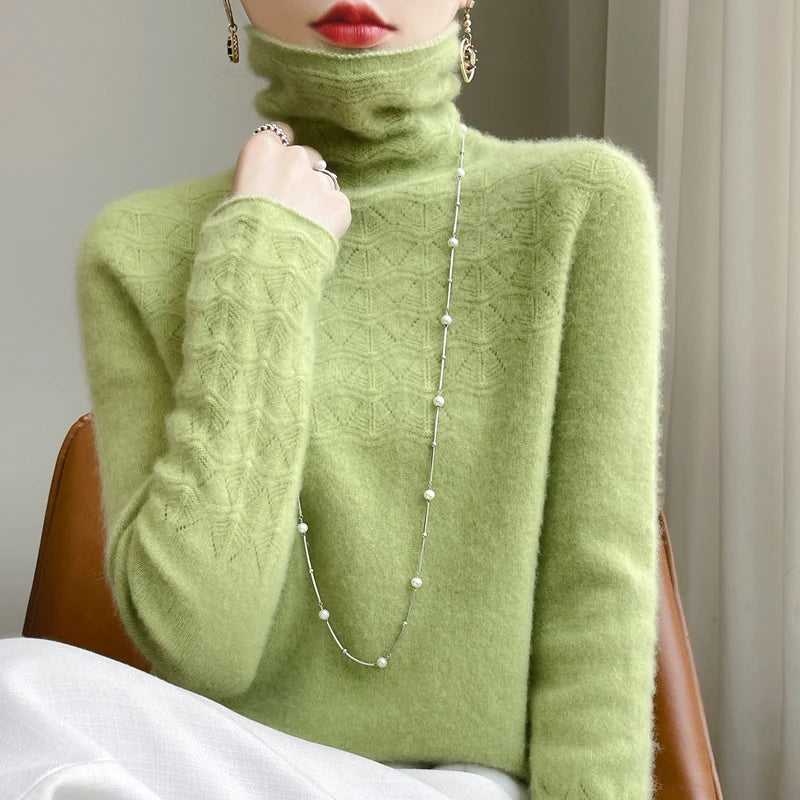 Fashion Cashmere Jumper 100% Merino Wool Pullover Winter High Neck Solid Long Sleeve Women's Seamless Hollow out Knitted Sweater