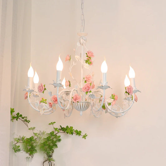 Tole Bedroom Chandelier French Living Room Iron Flowers Plants Warm American Retro Fresh Ceramic Pendant Lamps