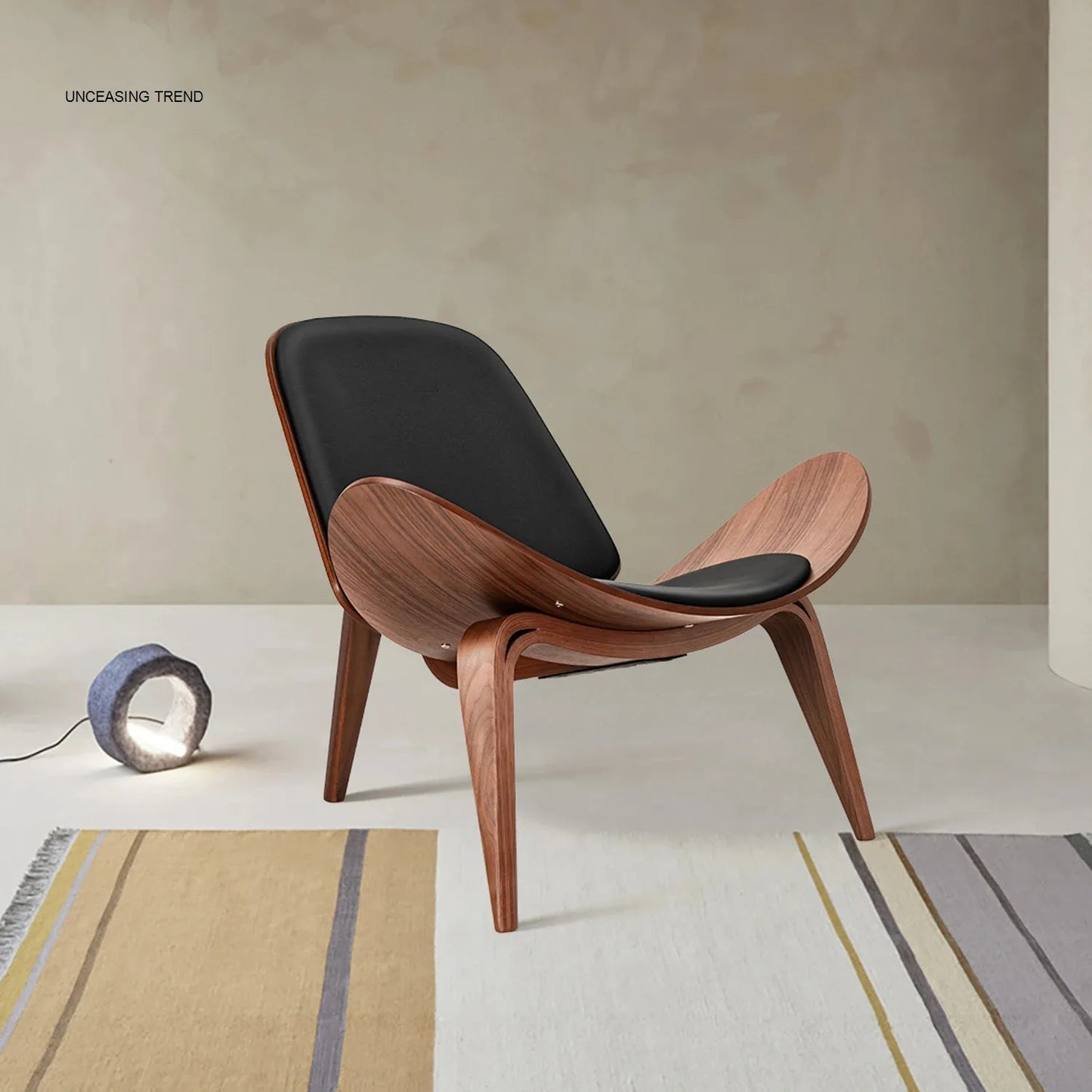 Lounge Chair Replica Shell Chair Modern Tripod Lounge Chair 3 Wood Colors with Black Leather Living Room Chairs