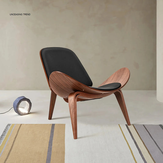 Lounge Chair Replica Shell Chair Modern Tripod Lounge Chair 3 Wood Colors with Black Leather Living Room Chairs