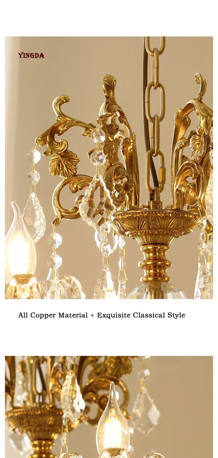 All Copper European Crystal Lamp, American Medieval Chandelier, French Living Room Lamp, Villa Classical Restaurant Lamp