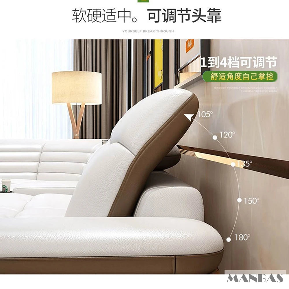 Luxury L-Shaped Genuine Leather Sectional Sofa Sets with USB, Bluetooth Speaker - MINGDIBAO Living Room Italian Leather Couches